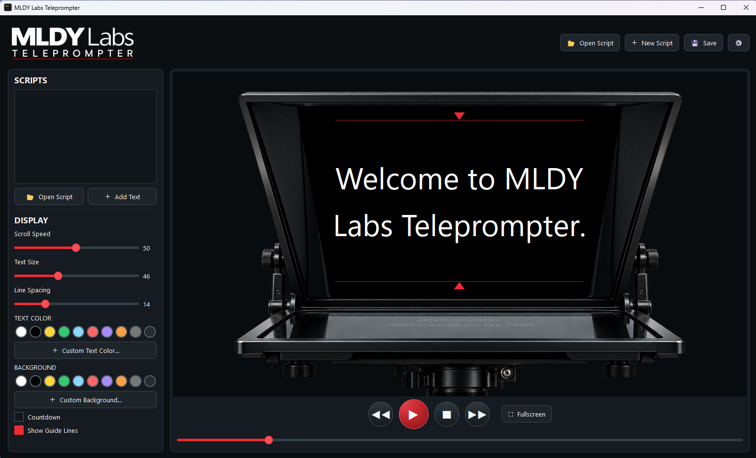 MLDY Labs Teleprompter application interface