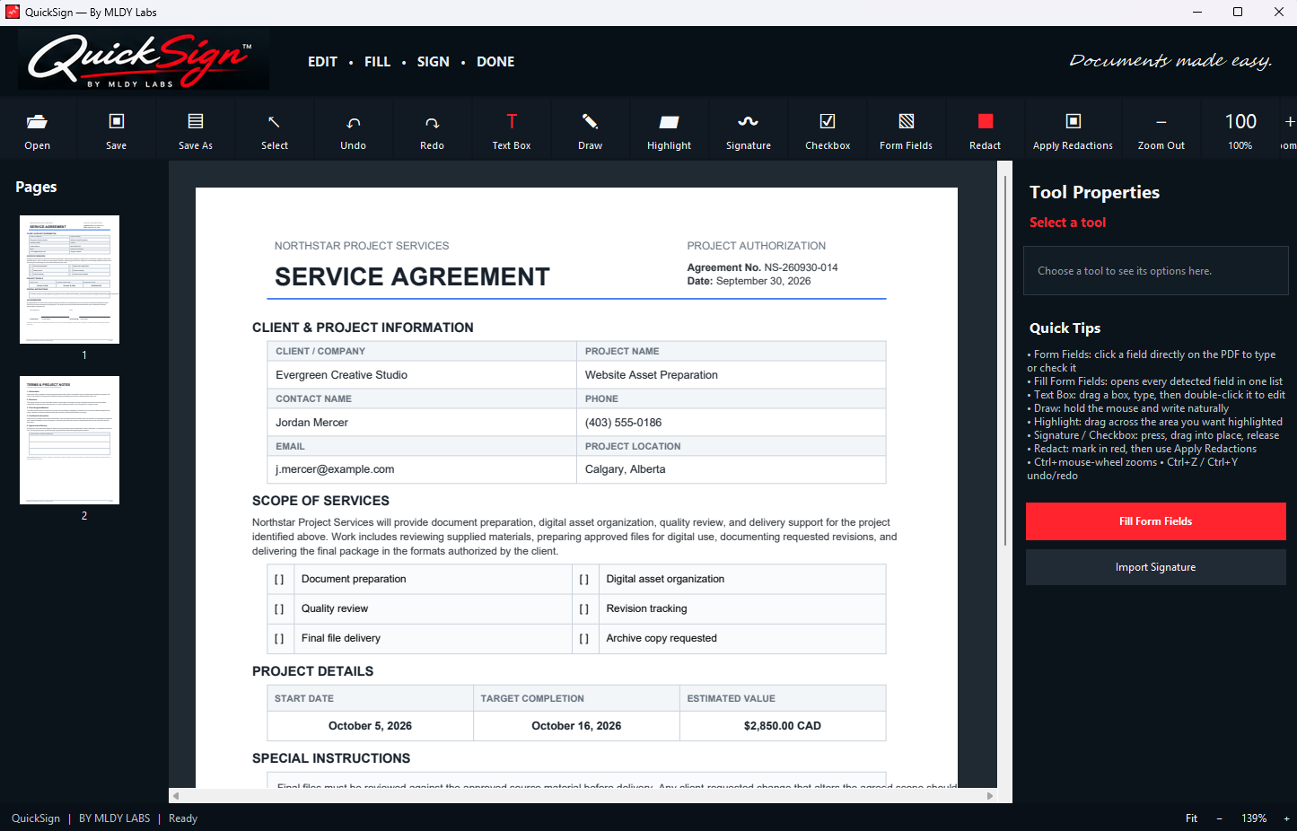 QuickSign PDF editor interface