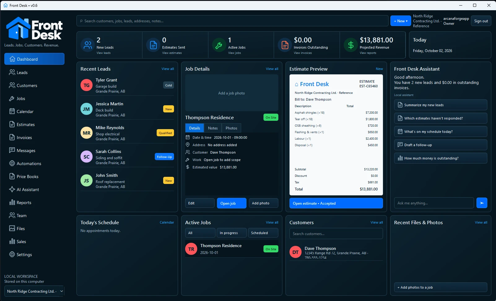 FrontDesk v0.6 application dashboard with lead tracking, job details, estimate preview and schedule