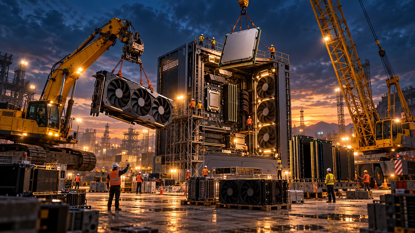 Heavy construction equipment assembling giant computers at dusk.