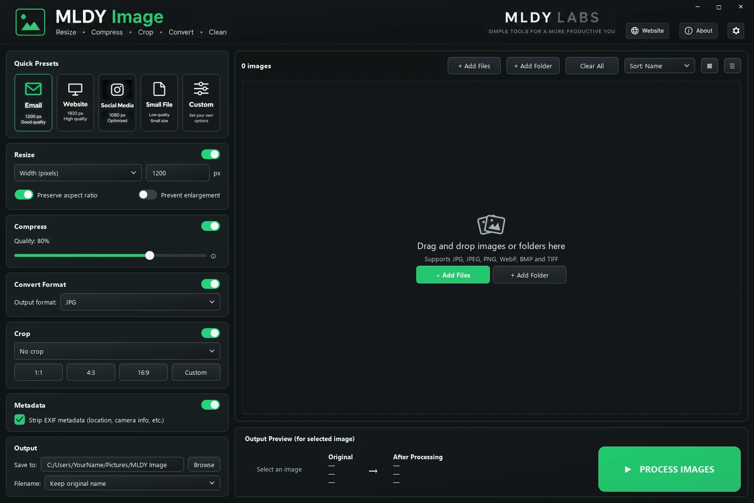 MLDY Image application with batch processing controls